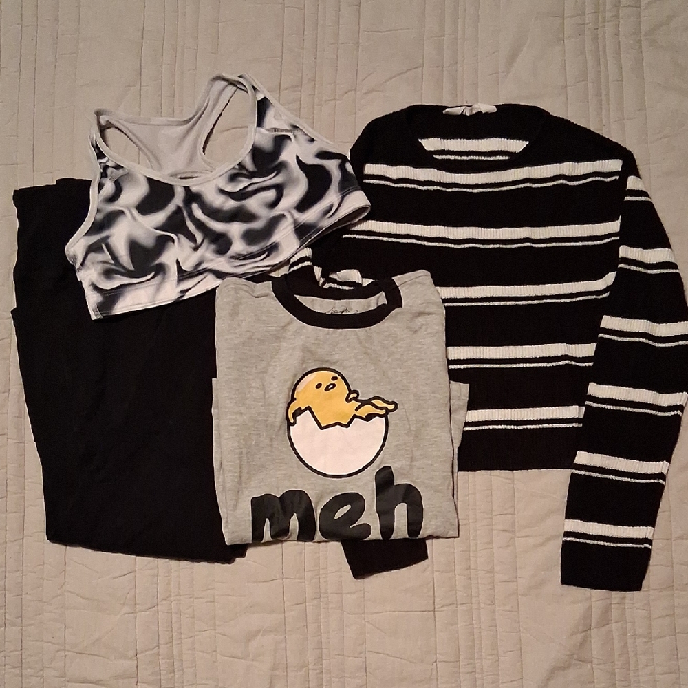 Girls Xl Black and White Striped Sweater with Graphic Tee and Sports Bra